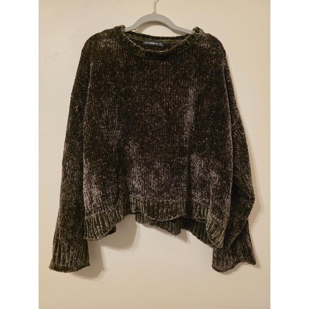 🧵 ZARA Chenille Knit Cropped Sweater – Olive Green Textured | Size L